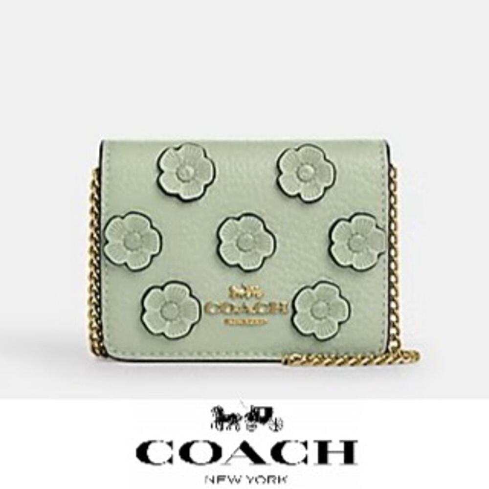 β€οΈ Coach Mini Wallet On A Chain With Floral Applique LIGHT PISTACHIO